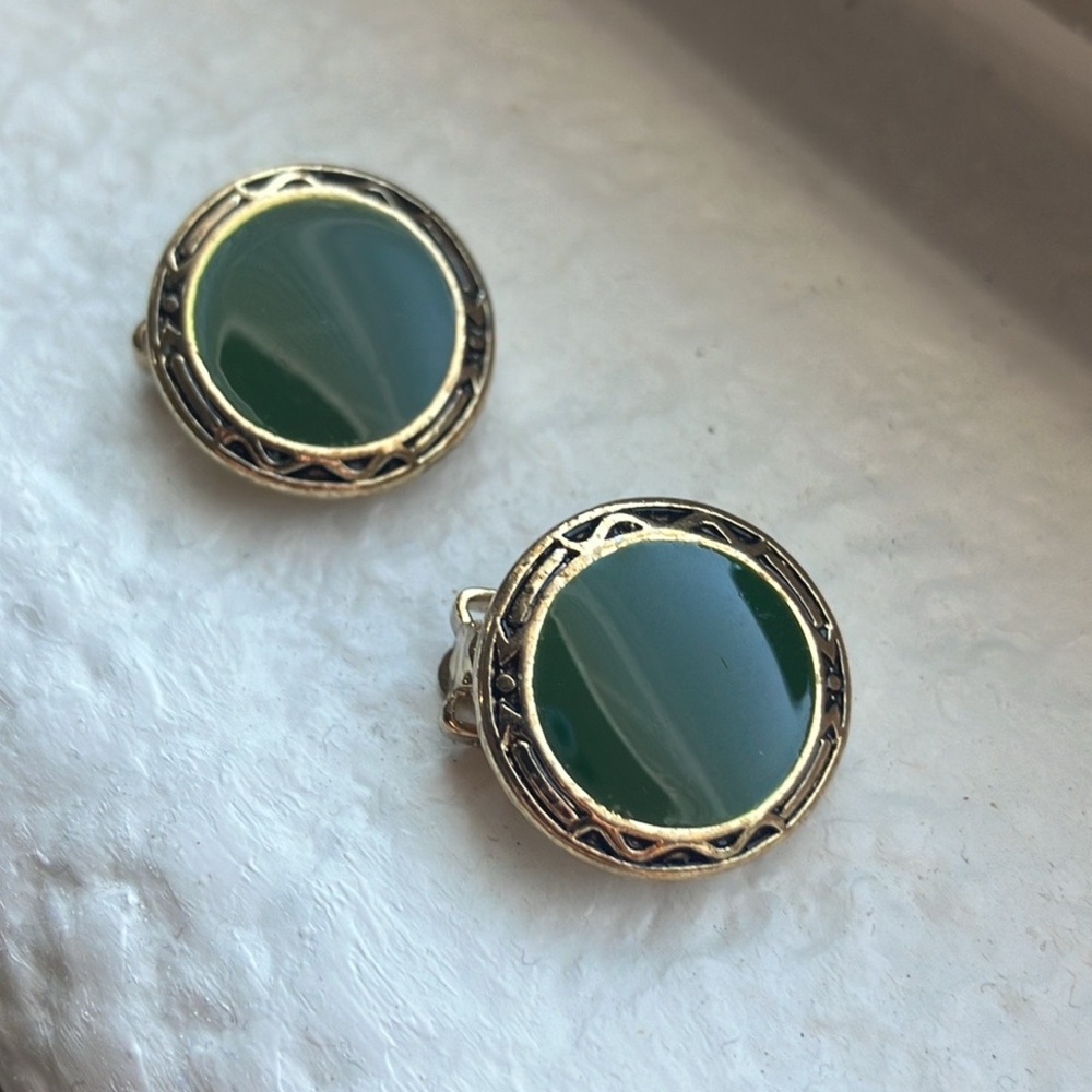 Clip-on Green and Gold tone Earrings with Intricate Design